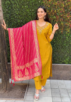 Lorenvalley Fashion Mustard Roman Silk Hand Work Kurta Pant with Dupatta | Grocsy