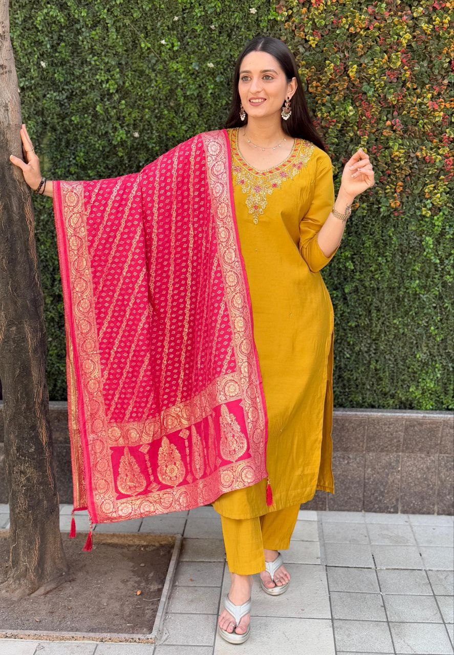 Lorenvalley Fashion Mustard Roman Silk Hand Work Kurta Pant with Dupatta | Grocsy