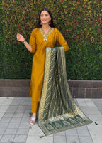Lorenvalley Fashion Mustard Roman Silk Hand Work Kurta Pant with Dupatta | Grocsy