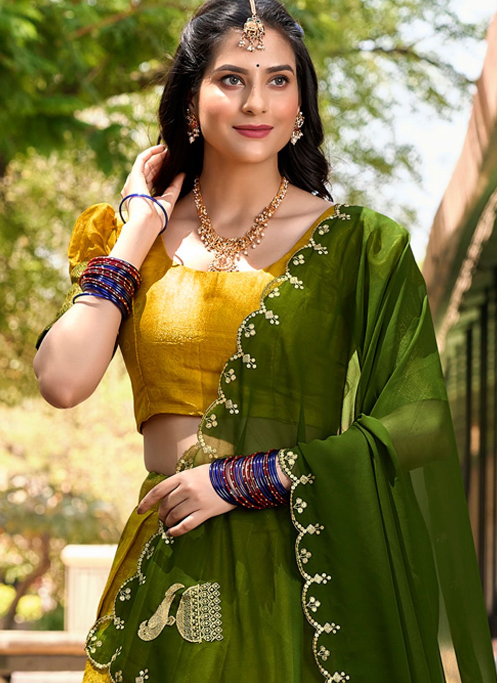 Lorenvalley Mustard Kanjivaram Silk Zari Weaving Lehenga Choli with Dupatta | Grocsy