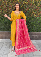 Lorenvalley Fashion Mustard Roman Silk Hand Work Kurta Pant with Dupatta | Grocsy