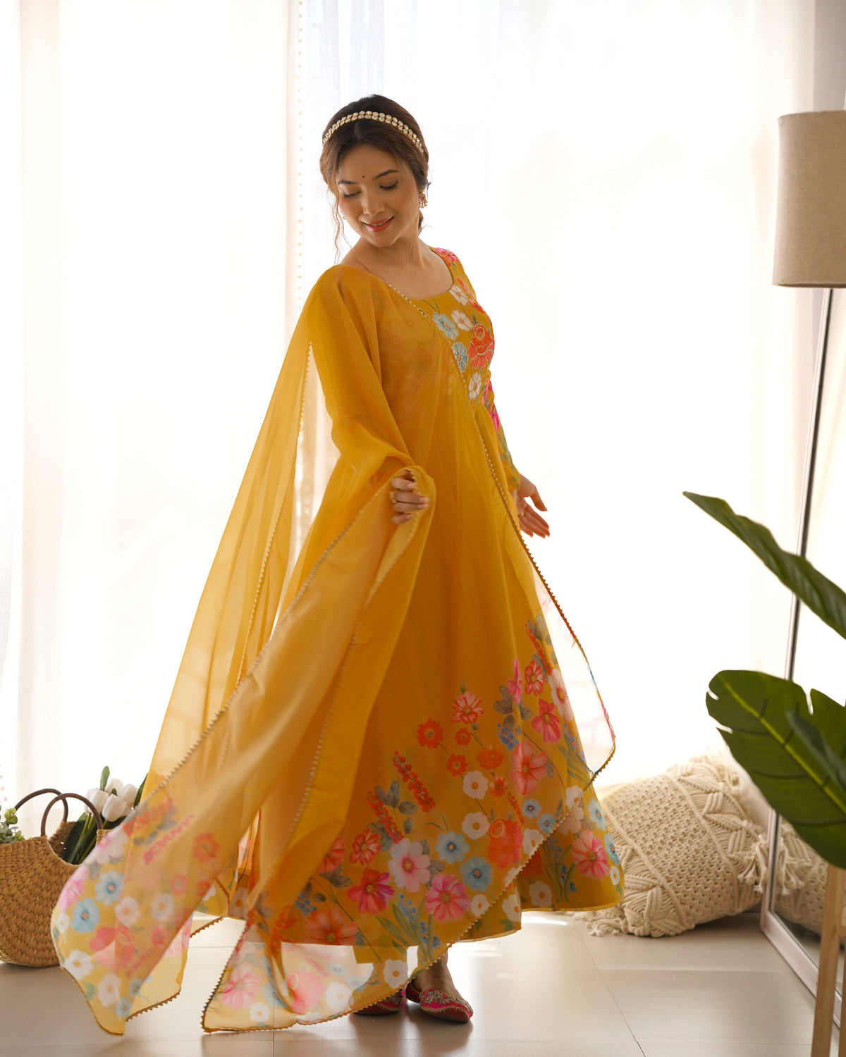 Lorenvalley Parrot Soft Organza Silk With Floral Print Fully Flared Anarkali Pant With Dupatta Set - Mustard | Grocsy