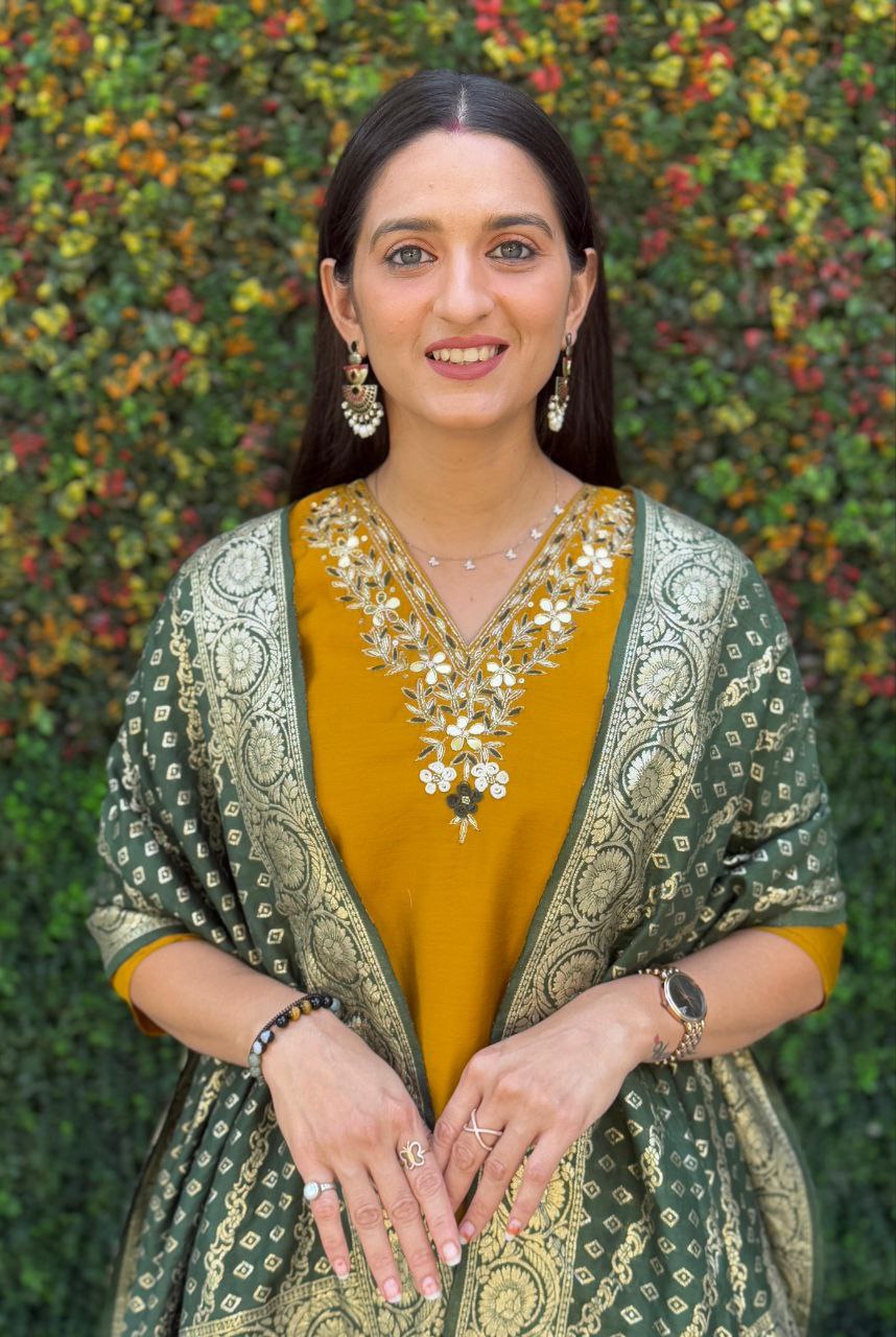 Lorenvalley Fashion Mustard Roman Silk Hand Work Kurta Pant with Dupatta | Grocsy