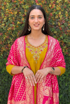 Lorenvalley Fashion Mustard Roman Silk Hand Work Kurta Pant with Dupatta | Grocsy