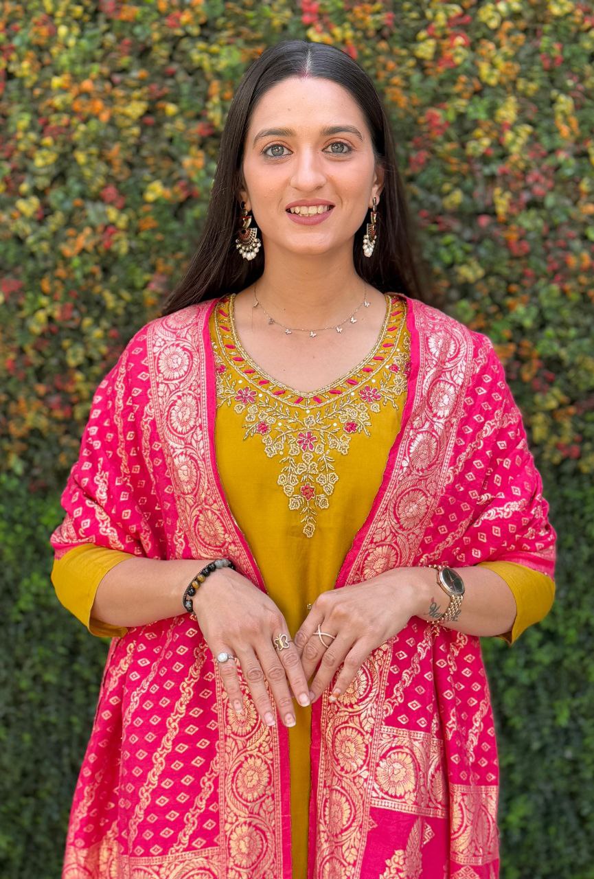 Lorenvalley Fashion Mustard Roman Silk Hand Work Kurta Pant with Dupatta | Grocsy