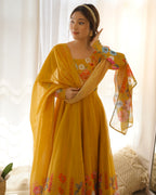 Lorenvalley Parrot Soft Organza Silk With Floral Print Fully Flared Anarkali Pant With Dupatta Set - Mustard | Grocsy