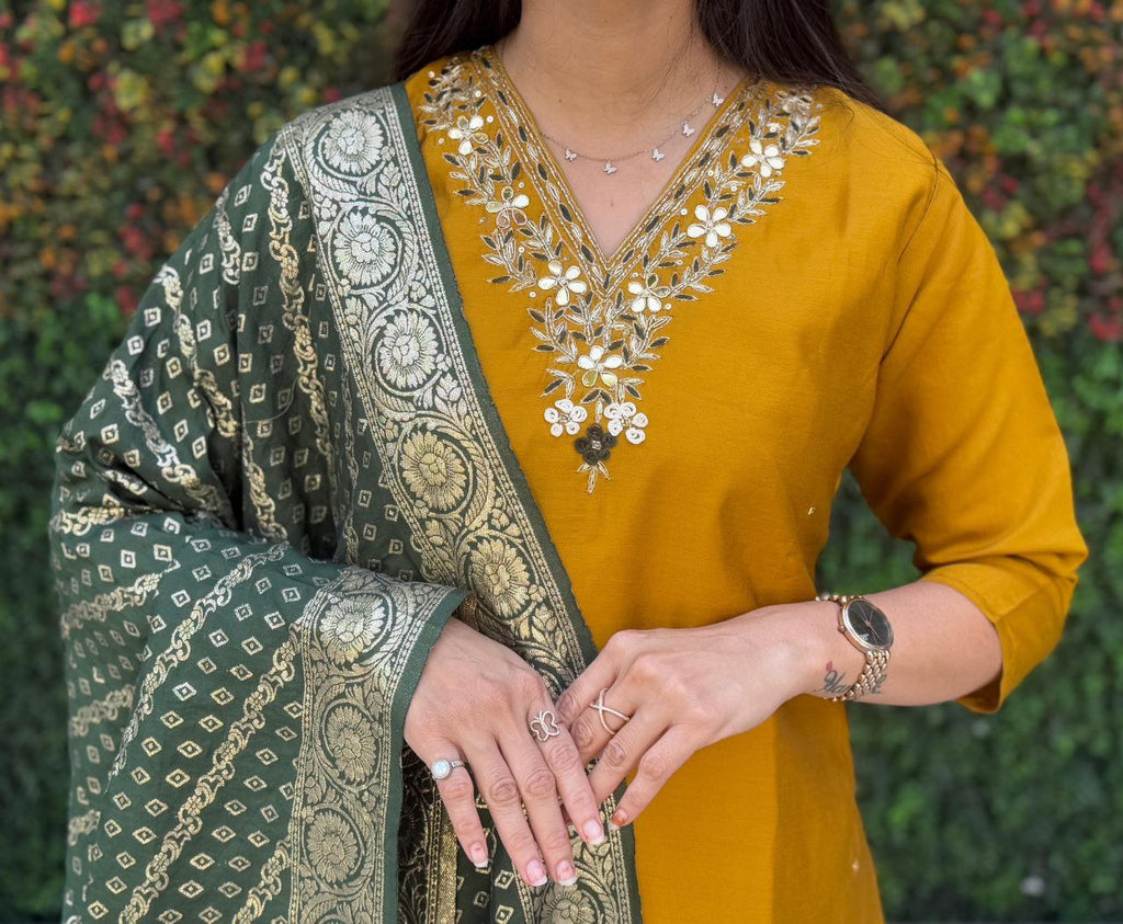 Lorenvalley Fashion Mustard Roman Silk Hand Work Kurta Pant with Dupatta | Grocsy