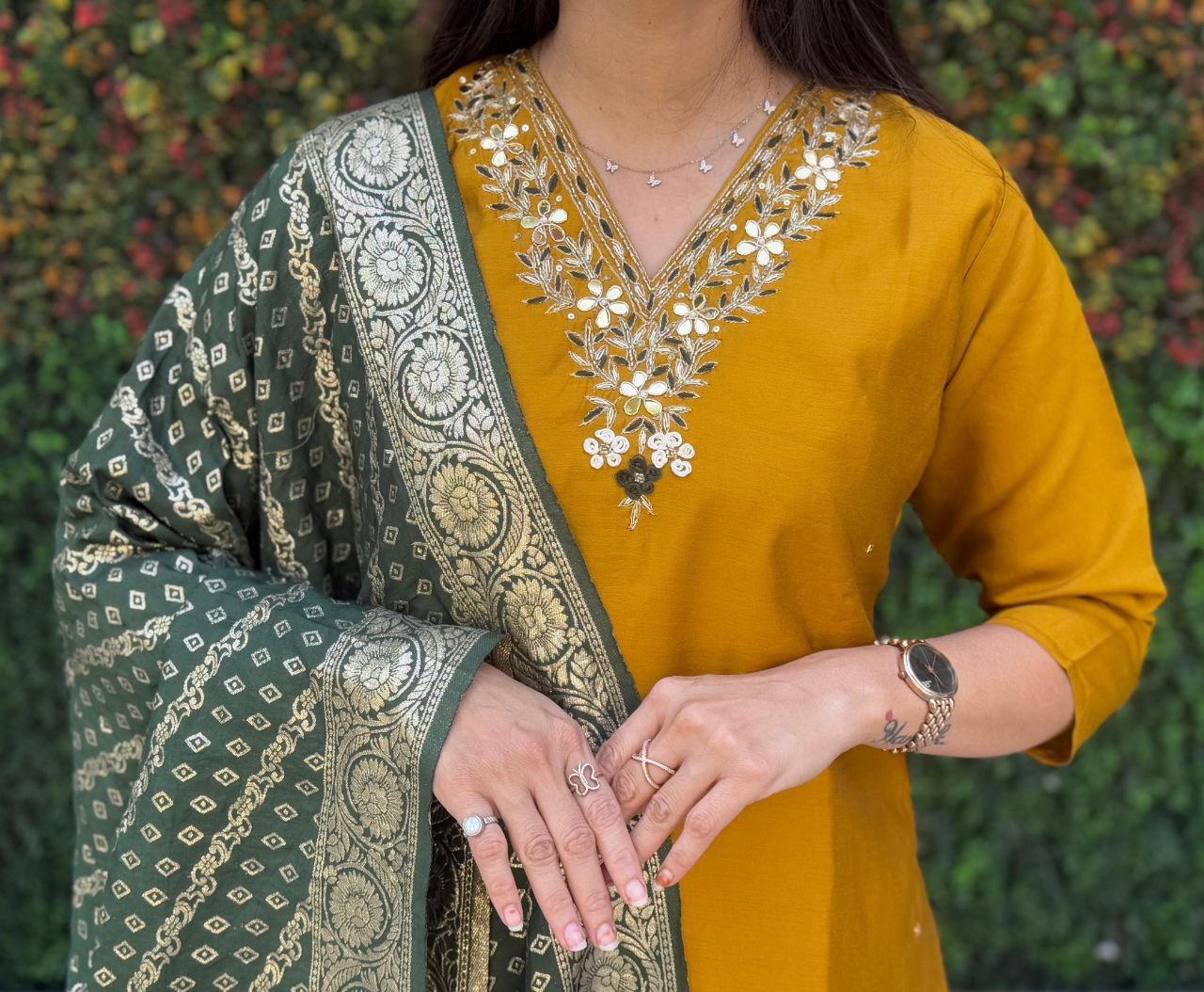 Lorenvalley Fashion Mustard Roman Silk Hand Work Kurta Pant with Dupatta | Grocsy