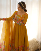 Lorenvalley Parrot Soft Organza Silk With Floral Print Fully Flared Anarkali Pant With Dupatta Set - Mustard | Grocsy