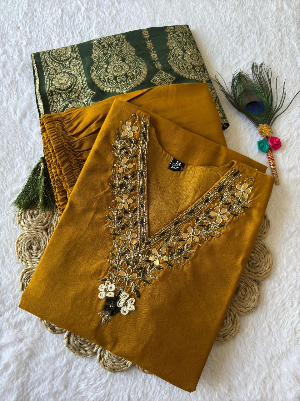 Lorenvalley Fashion Mustard Roman Silk Hand Work Kurta Pant with Dupatta | Grocsy