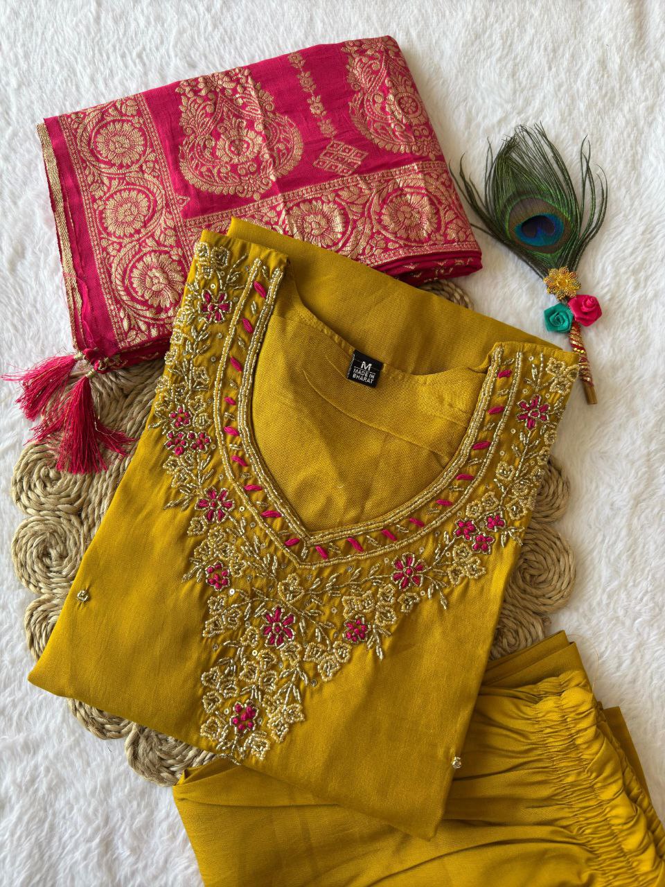 Lorenvalley Fashion Mustard Roman Silk Hand Work Kurta Pant with Dupatta | Grocsy