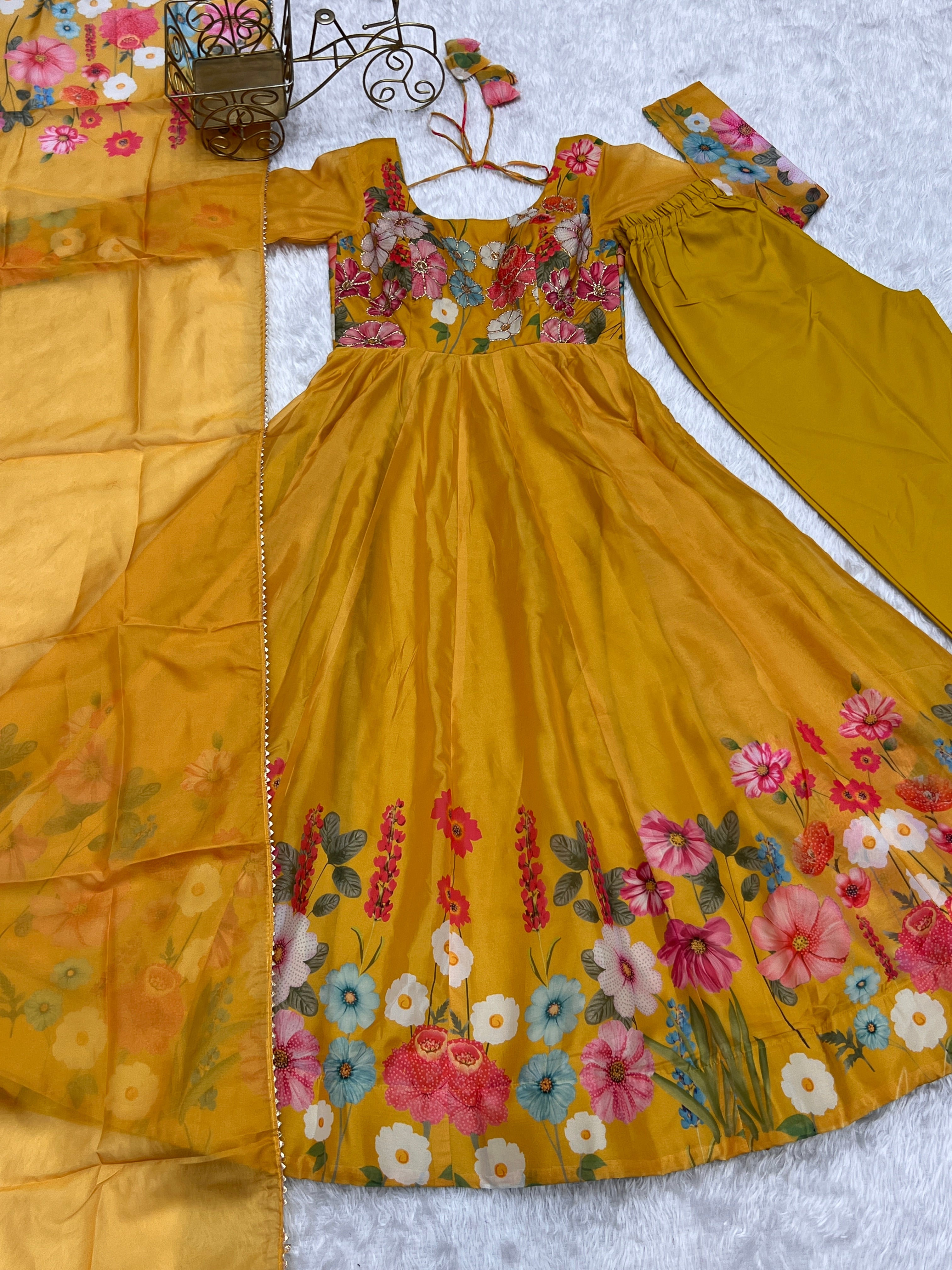 Lorenvalley Parrot Soft Organza Silk With Floral Print Fully Flared Anarkali Pant With Dupatta Set - Mustard | Grocsy