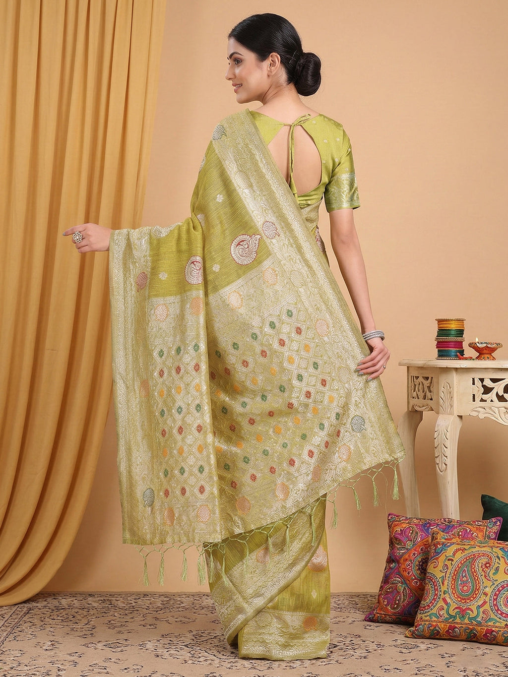 Anaita Mustard Linen Woven Work Saree With Blouse | Grocsy