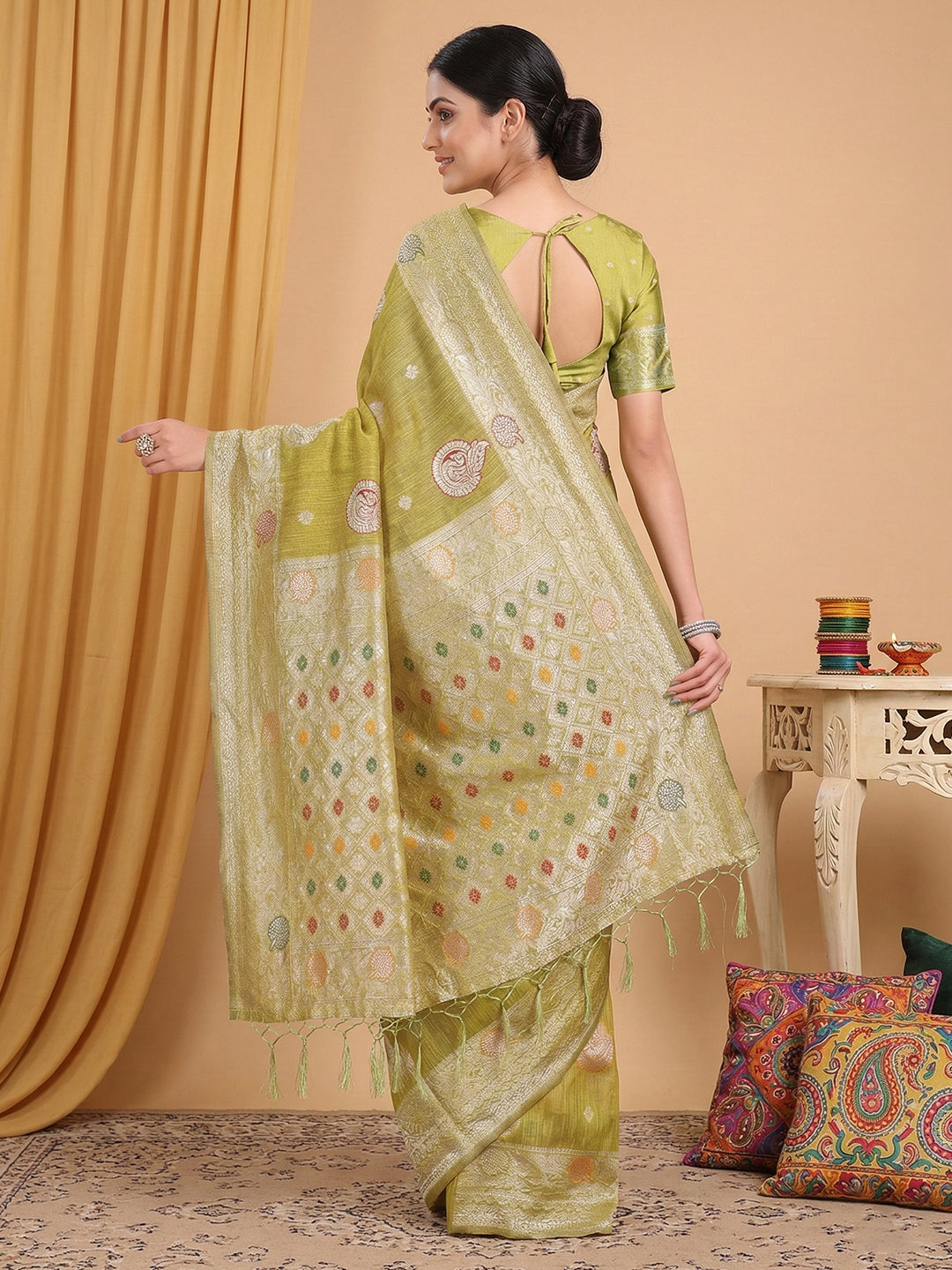 Anaita Mustard Linen Woven Work Saree With Blouse | Grocsy