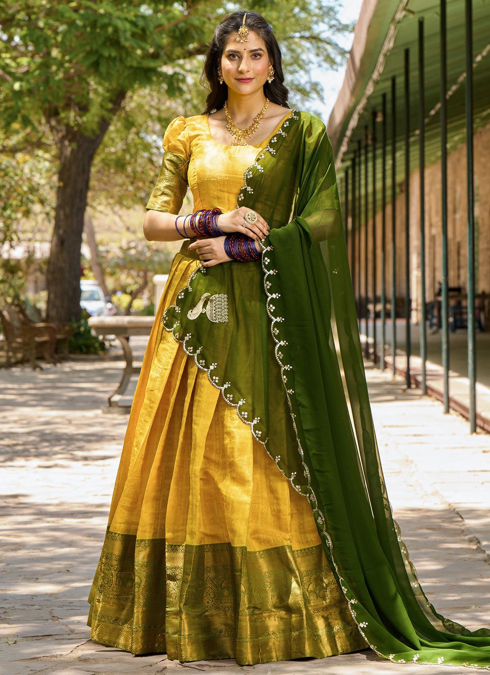 Lorenvalley Mustard Kanjivaram Silk Zari Weaving Lehenga Choli with Dupatta | Grocsy