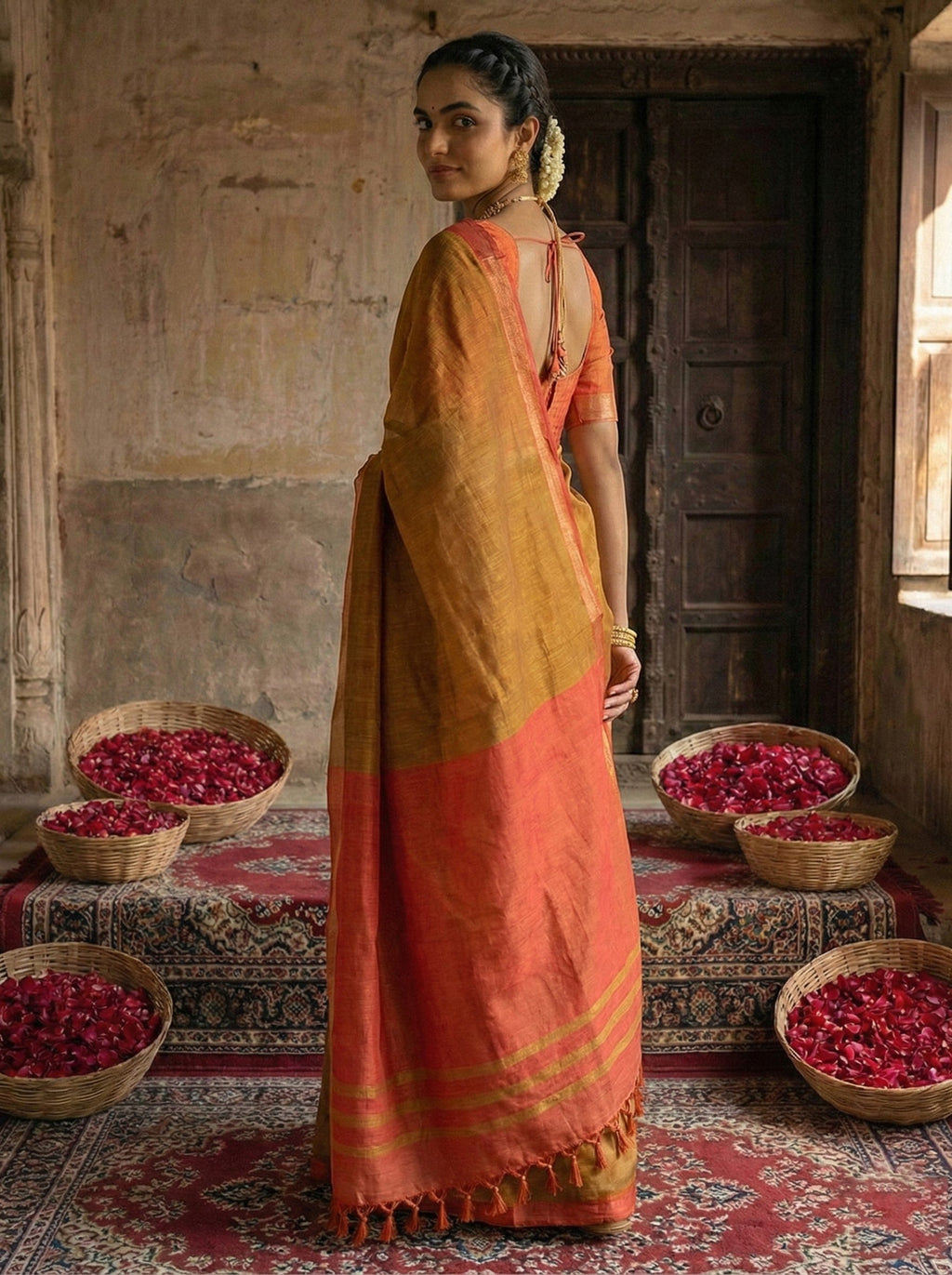 Anaita Mustard Cotton Printed Saree With Blouse | Grocsy