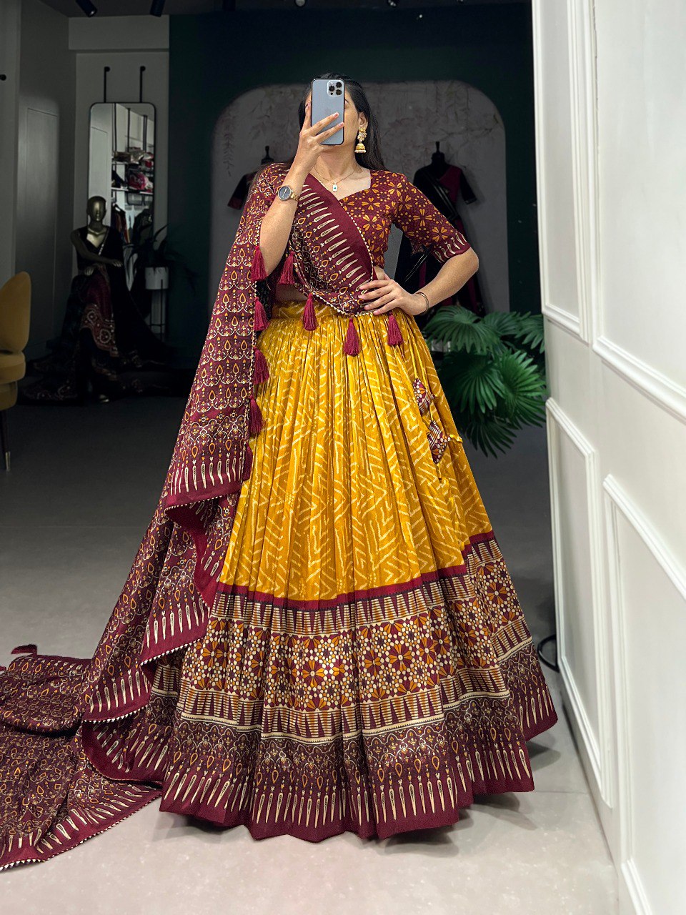 Lorenvalley Mustard Tussar Silk Bandhej And Ajarakh Print Lehenga Choli with Dupatta | Grocsy