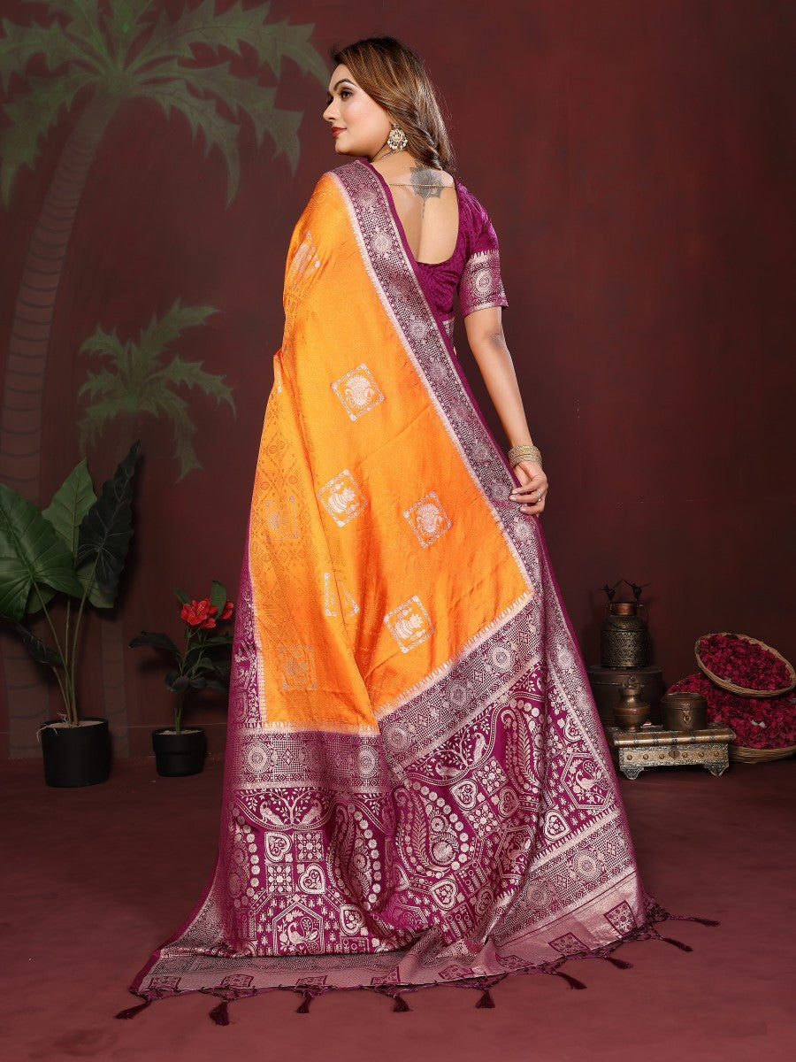 Anaita Mustard Zari Butta Work Satin Silk Saree With Blouse | Grocsy