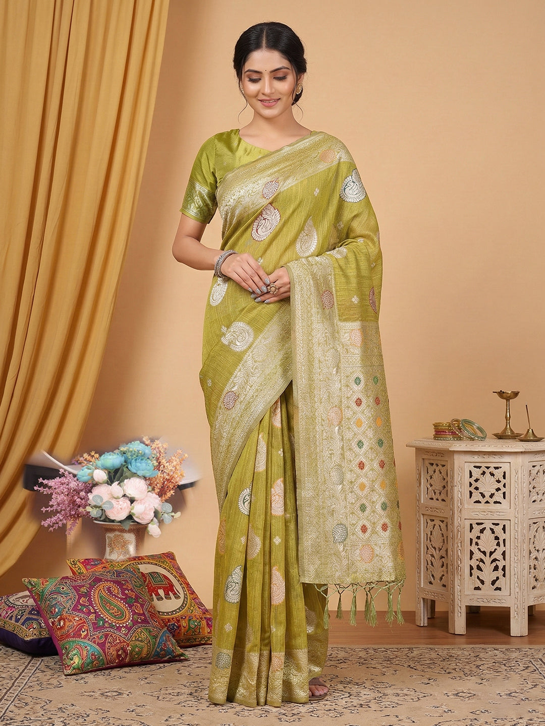 Anaita Mustard Linen Woven Work Saree With Blouse | Grocsy