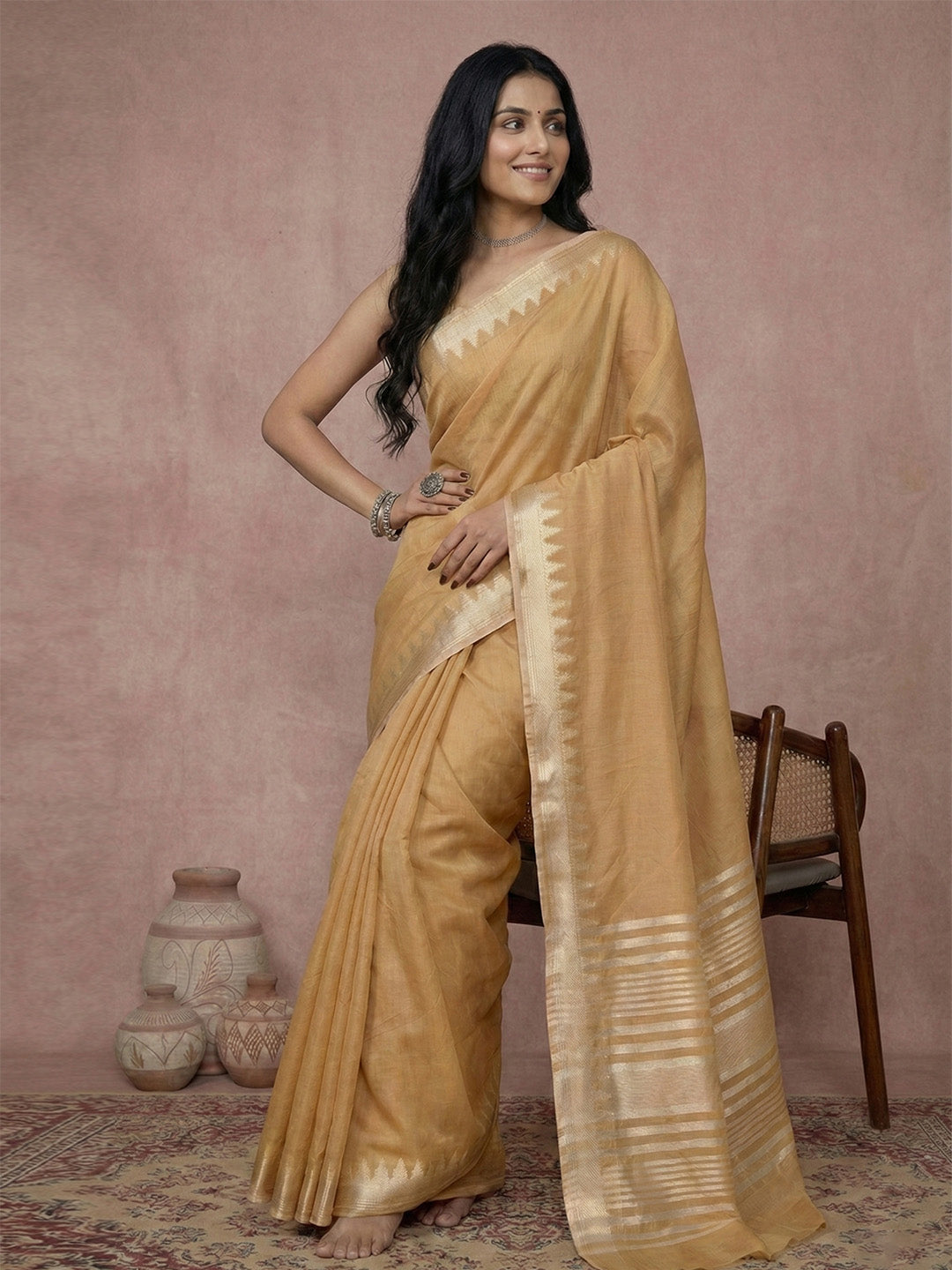 Anaita Mustard Cotton Saree With Blouse | Grocsy