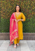 Lorenvalley Fashion Mustard Roman Silk Hand Work Kurta Pant with Dupatta | Grocsy
