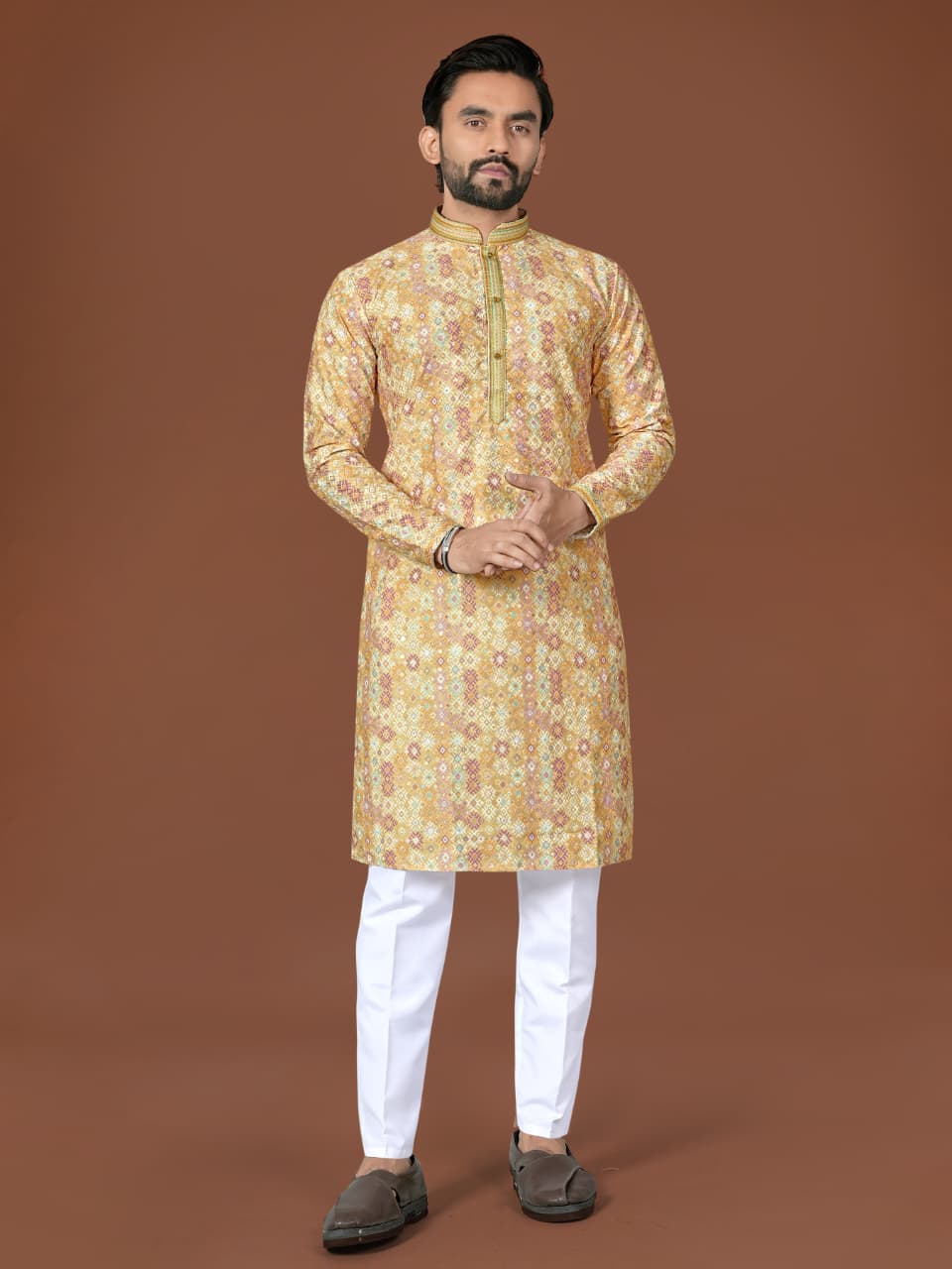 Anaita Yellow Lucknowi Silk Straight Kurta | Grocsy