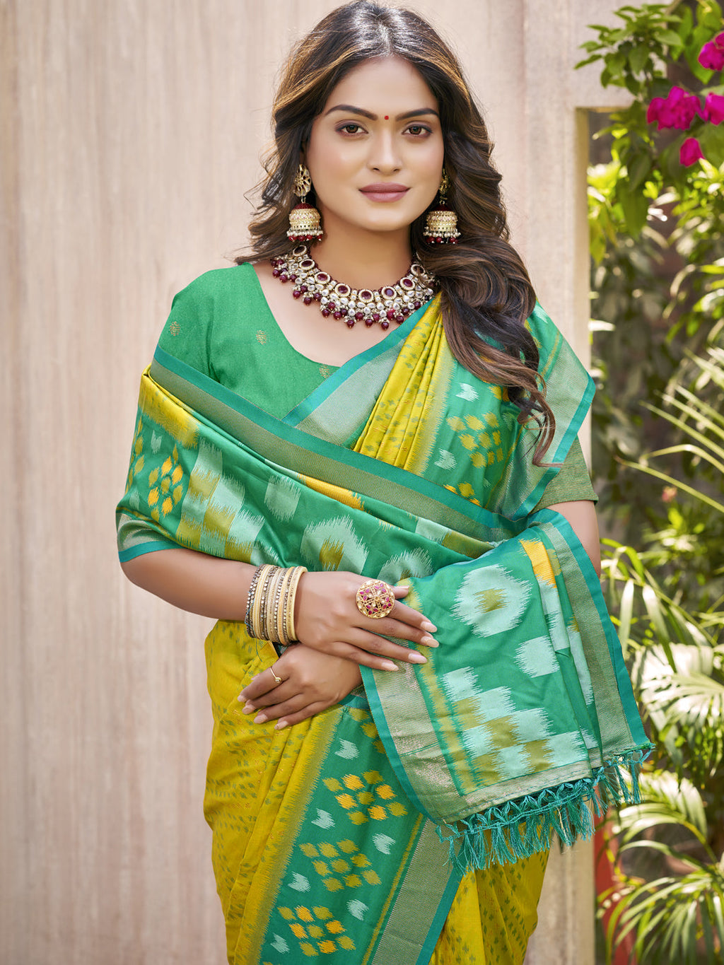 Anaita Mustard Pochampally Silk Saree With Floral Printed Work With Blouse | Grocsy