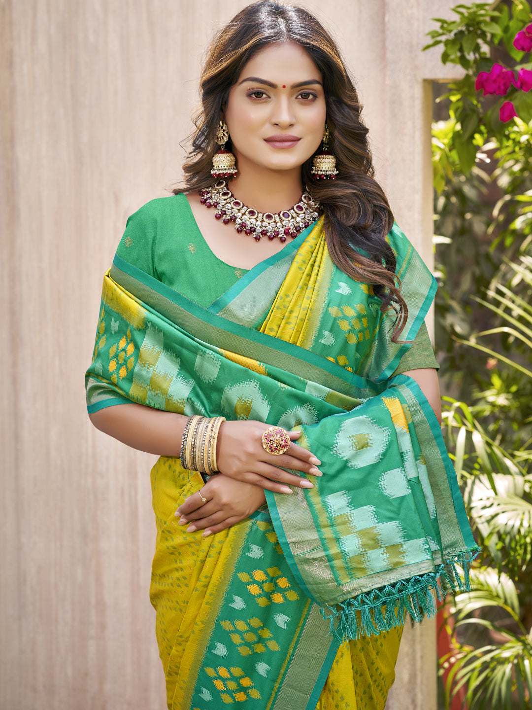 Anaita Mustard Pochampally Silk Saree With Floral Printed Work With Blouse | Grocsy