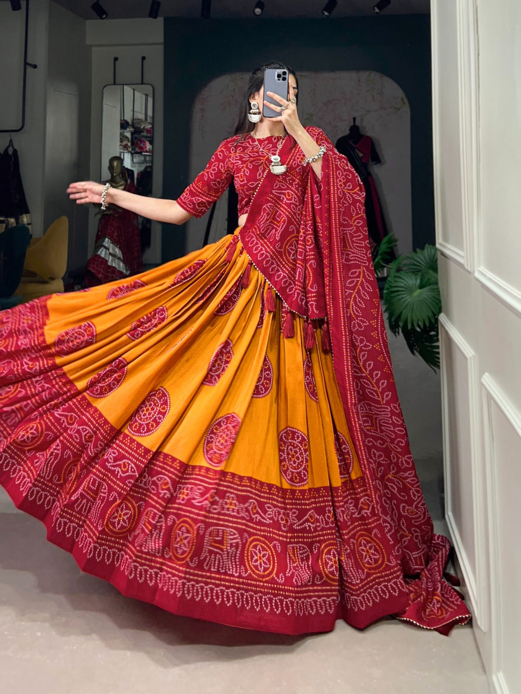 Lorenvalley Mustrad Tussar Silk with Bandhej Print Lehenga Choli | Grocsy