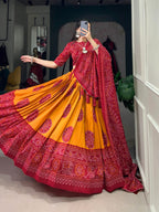 Lorenvalley Mustrad Tussar Silk with Bandhej Print Lehenga Choli | Grocsy
