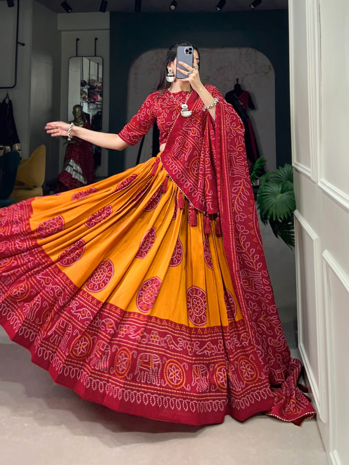 Lorenvalley Mustrad Tussar Silk with Bandhej Print Lehenga Choli | Grocsy