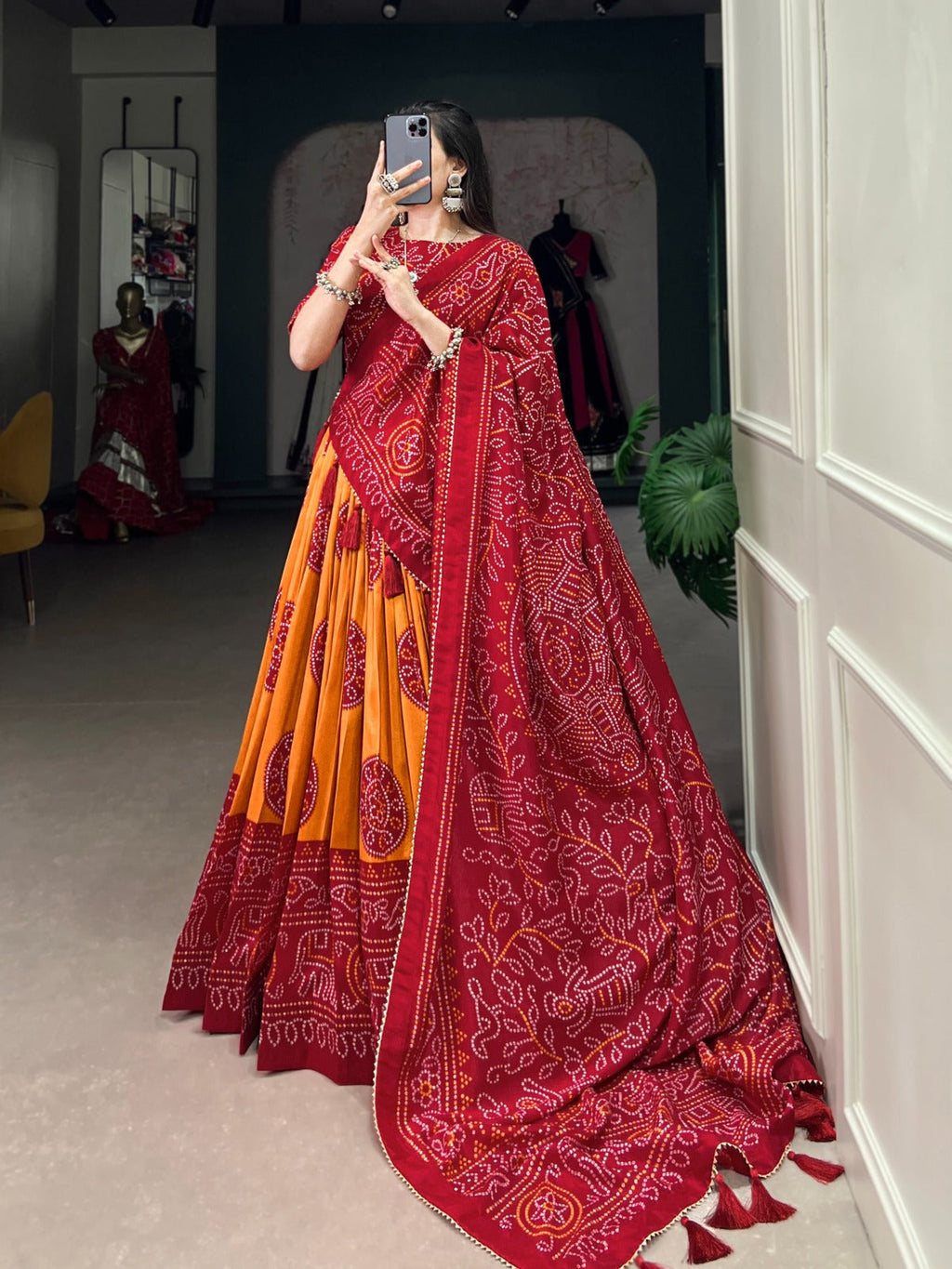 Lorenvalley Mustrad Tussar Silk with Bandhej Print Lehenga Choli | Grocsy