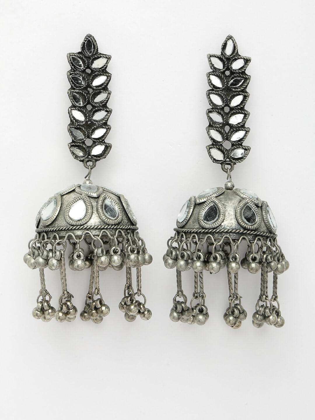 NVR Women's Silver Plated Mirror Work Oxidised Contemporary Jhumka Earrings | Grocsy