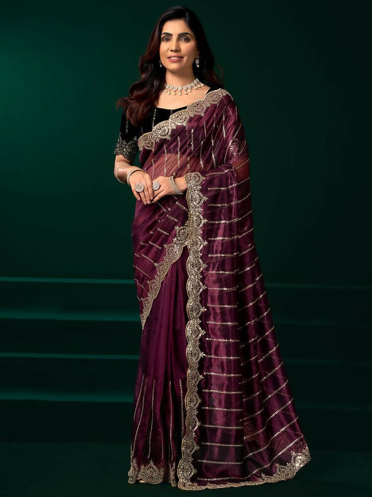 Joban Fashion Purple Net Party Wear Sarees | Grocsy