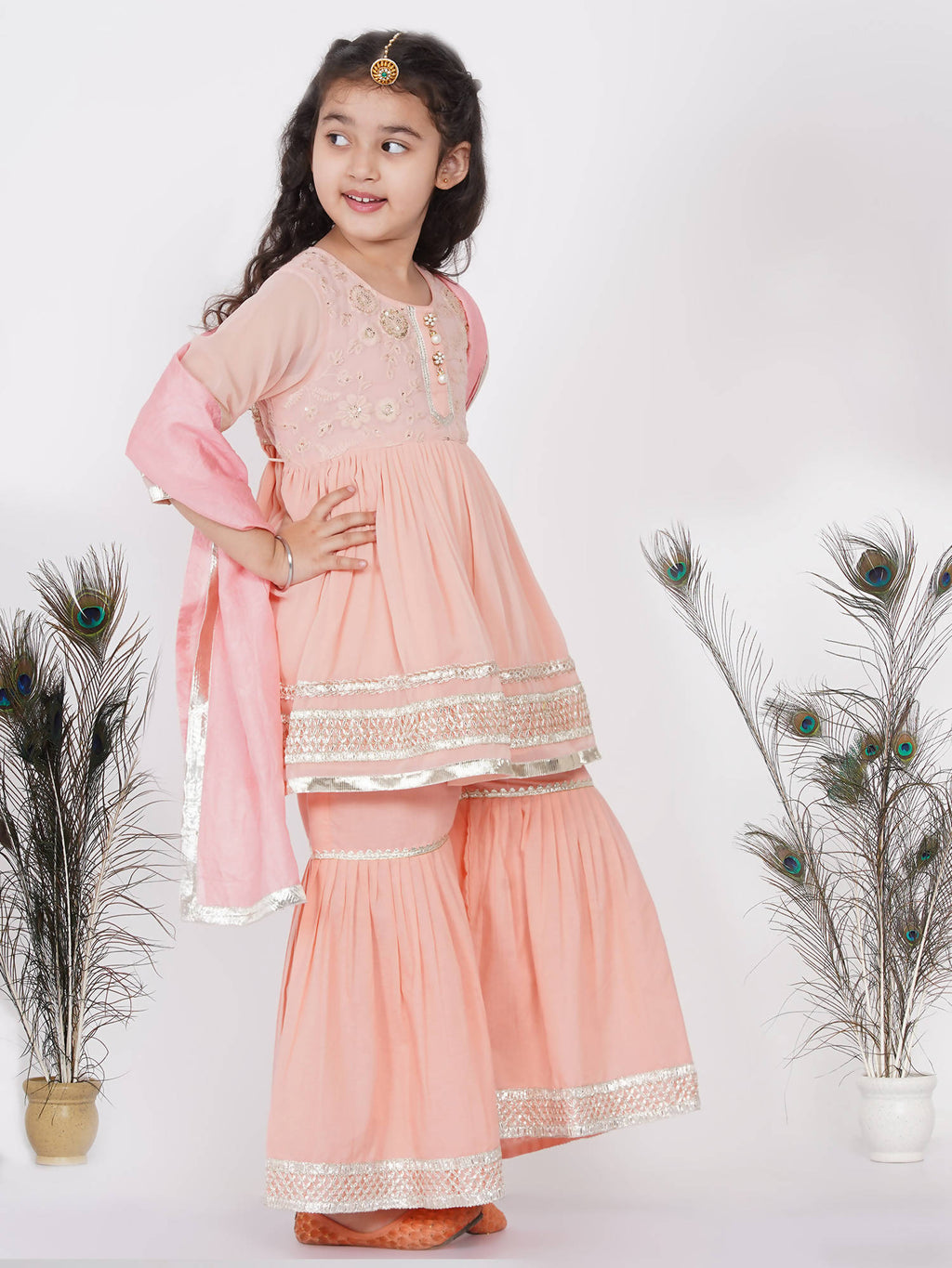 Little Bansi Girls Cotton Gotta Patti Kurta frock with Sharara & Dupatta - Peach | Grocsy