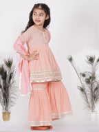 Little Bansi Girls Cotton Gotta Patti Kurta frock with Sharara & Dupatta - Peach | Grocsy