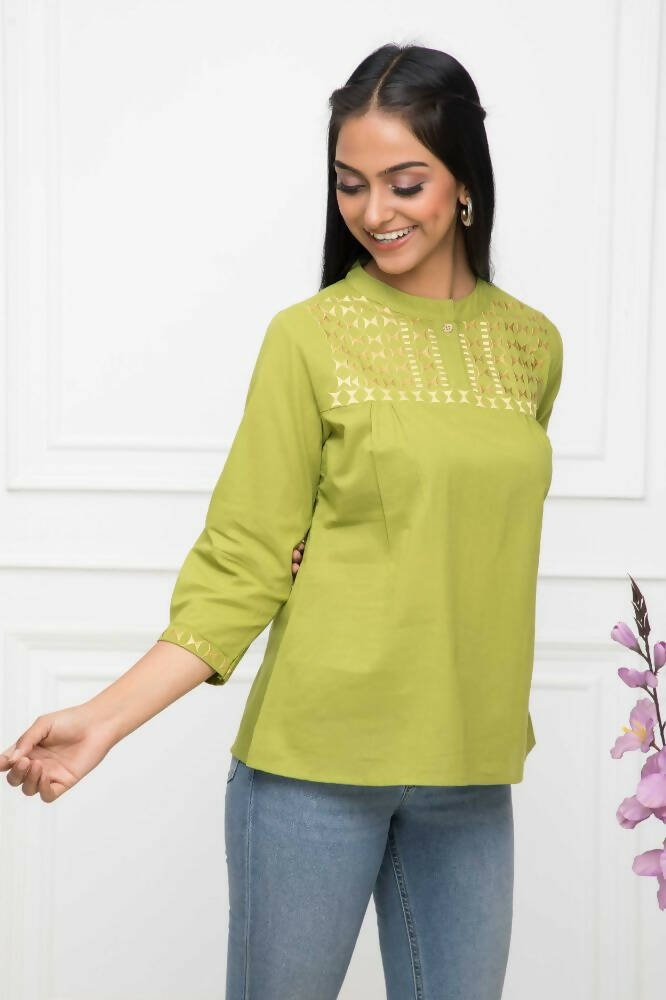 Myshka Women Green Solid Mandarin Collar Regular Sleeves Pure Cotton Top | Grocsy