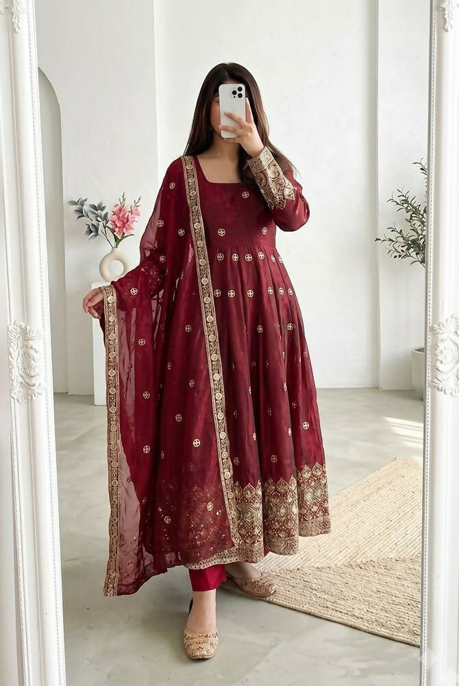 Teeya Creation New Latest Trendy Elegant Maroon Festive Anarkali Suit for Women | Grocsy