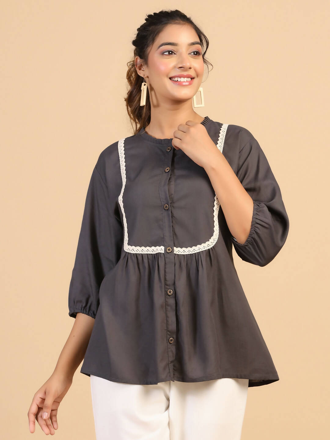 Womens Grey Rayon Solid Top - Keeva | Grocsy
