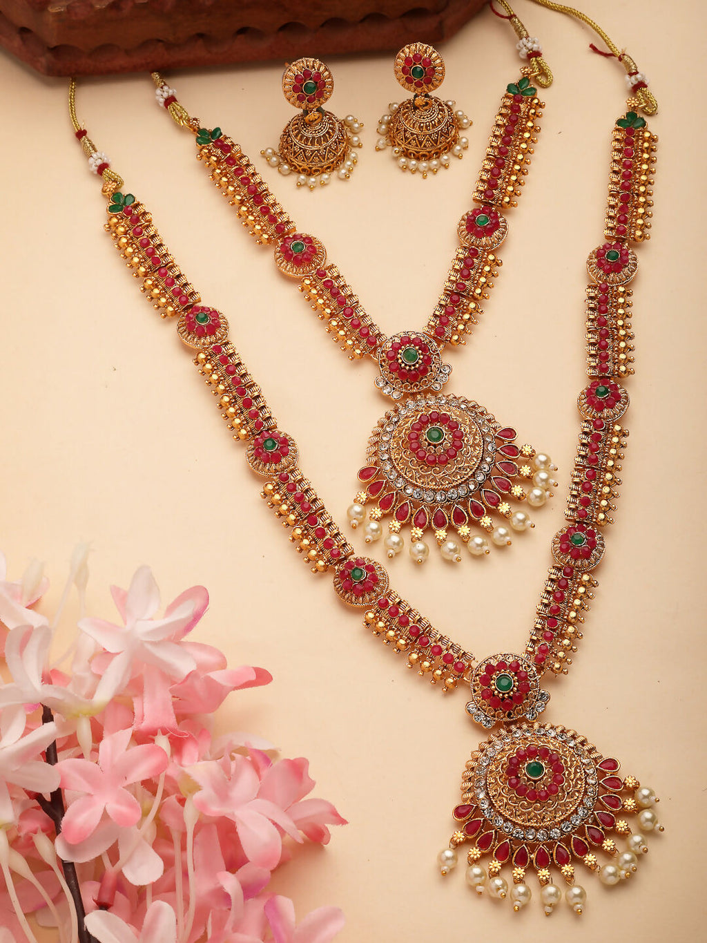 NVR Women's Set Of 2 Green & Red Stone Studded & Beaded Gold-Polished Temple Jewellery Set | Grocsy