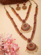 NVR Women's Set Of 2 Green & Red Stone Studded & Beaded Gold-Polished Temple Jewellery Set | Grocsy