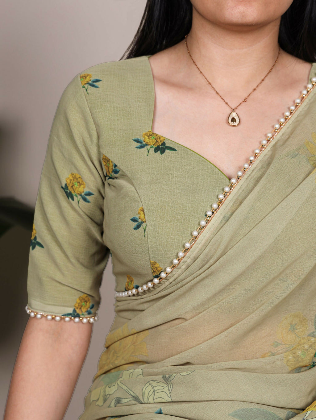 Vastranavya Mehendi Weightless Marble and Floral Printed Georgette Saree with Unstitched Blouse | Grocsy