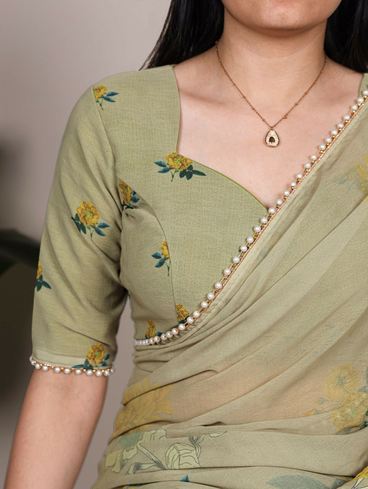 Vastranavya Mehendi Weightless Marble and Floral Printed Georgette Saree with Unstitched Blouse | Grocsy