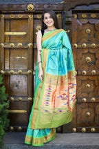 Very Much Indian Pure Silk Handloom Paithani -Dual Tone Blue Green | Grocsy
