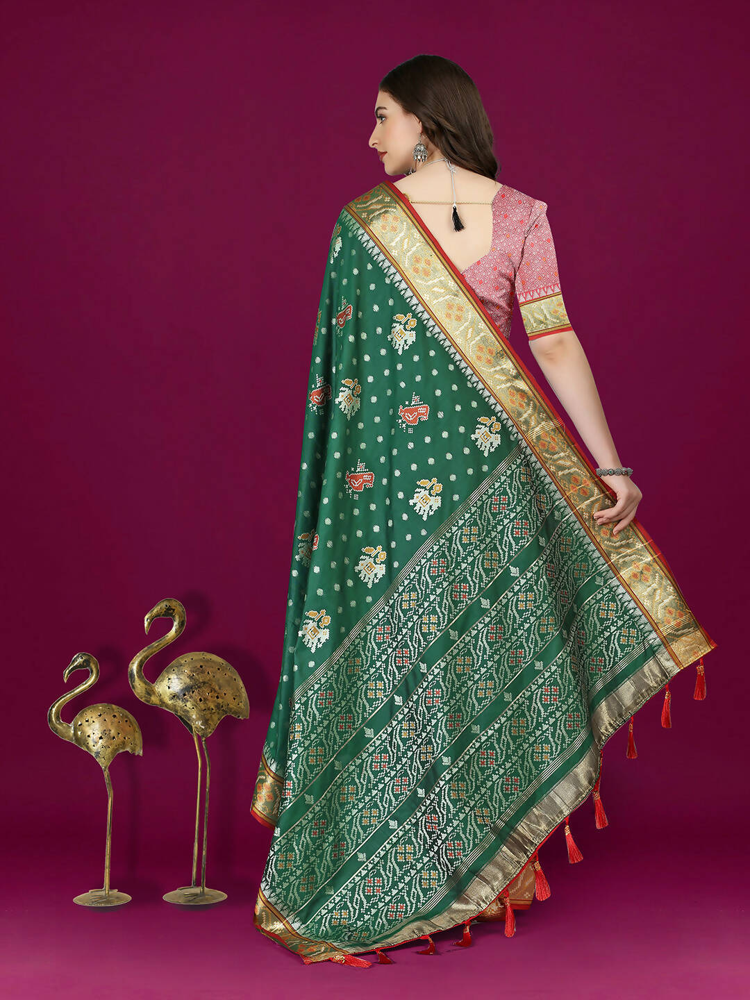 Lorenvalley Fashion Green Patola Silk Woven Design Zari Meenakari Weaving Saree | Grocsy