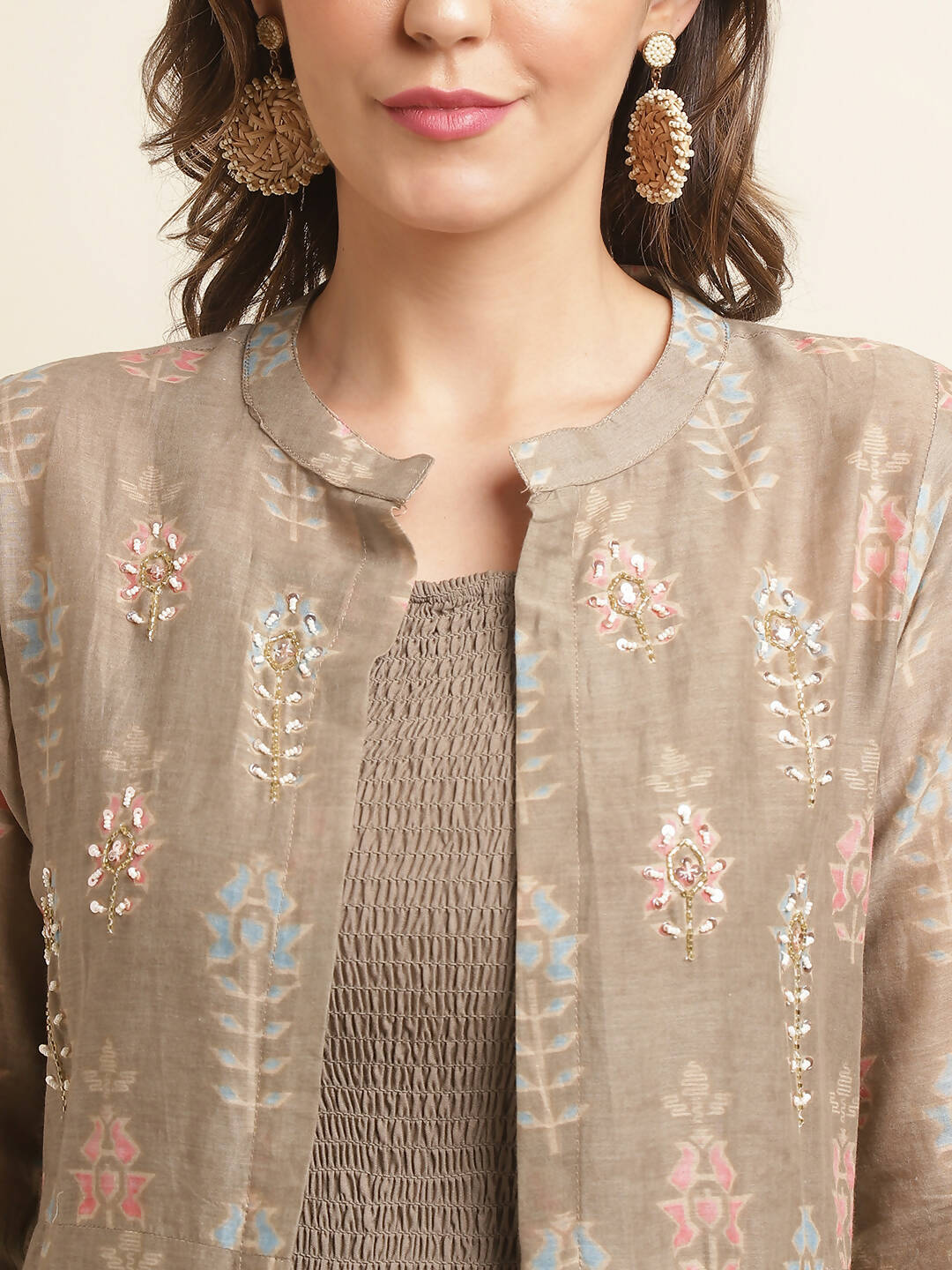 Brown Cotton Solid Flared Dress with Printed Shrug - Yukti | Grocsy