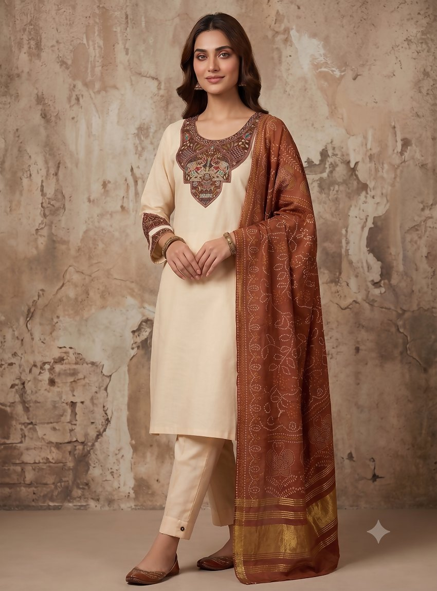 Teeya Creation Women Cream Embroidered Straight Kurta With Rust Bandhani Dupatta And Pant Set | Grocsy