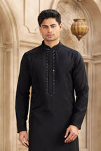 Raivat Ethnic Banarasi Art Silk Mirror Work Kurta Pajama In Black Colour | Grocsy