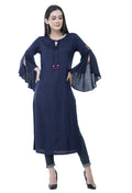 Women's Navy Round Neck Kurti With Front Neck Opening And Dori, Flared Sleeves - G & A Apparels | Grocsy