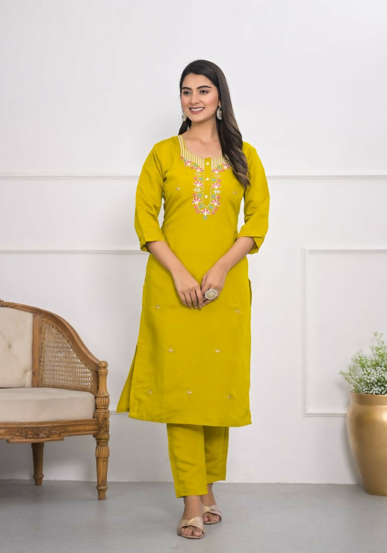 Yellow Viscose Silk Embroidery with Thread and sequence Stitched Suit With Dupatta - Tanisha | Grocsy